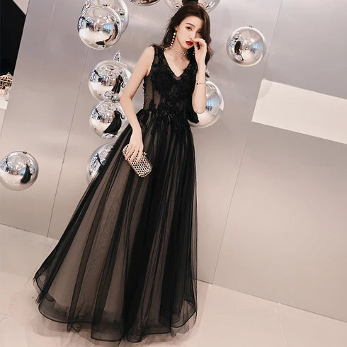 Black V Neck 3D Floral Lace Tulle A Line Prom Dress