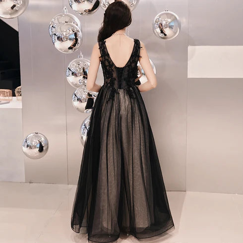 Black V Neck 3D Floral Lace Tulle A Line Prom Dress