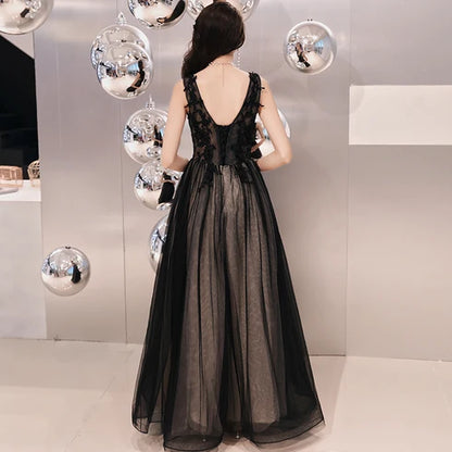 Black V Neck 3D Floral Lace Tulle A Line Prom Dress