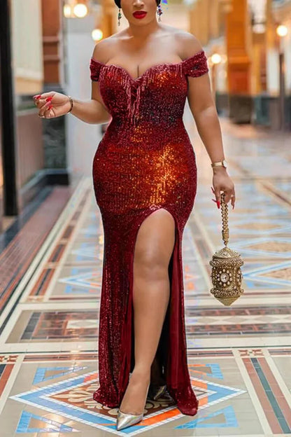 Plus Size Prom Dresses Mermaid Off The Shoulder Split Sequin