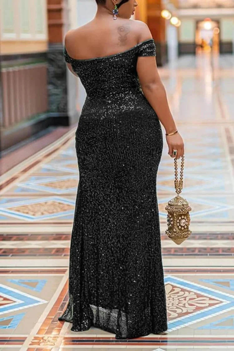 Plus Size Prom Dresses Mermaid Off The Shoulder Split Sequin