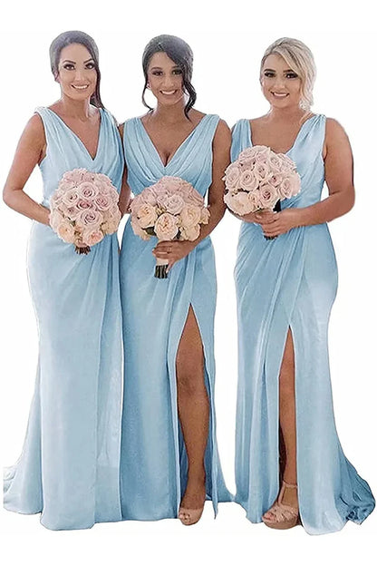 Bridesmaid Dress Rust Sheath Chiffon Ruched Long with Slit