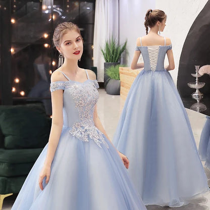 Light Blue Off Shoulder Lace Appliqué Ball Gown Prom Dress Corset Back