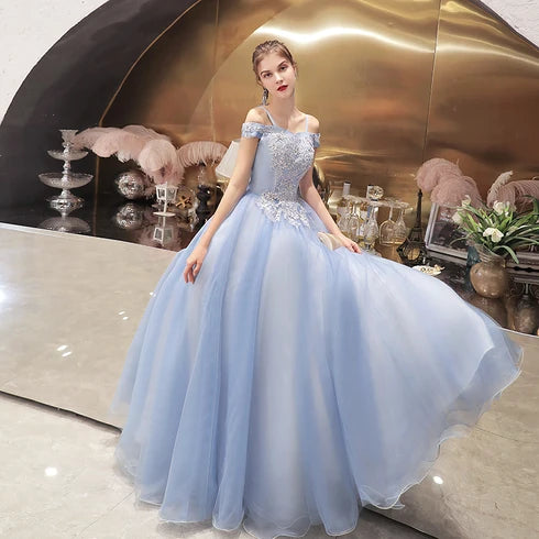 Light Blue Off Shoulder Lace Appliqué Ball Gown Prom Dress Corset Back