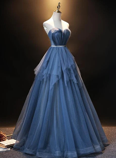 Dusty Blue Strapless Sweetheart Glitter Tulle Prom Dress Corset Back