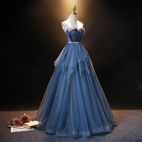 Dusty Blue Strapless Sweetheart Glitter Tulle Prom Dress Corset Back
