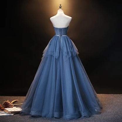 Dusty Blue Strapless Sweetheart Glitter Tulle Prom Dress Corset Back