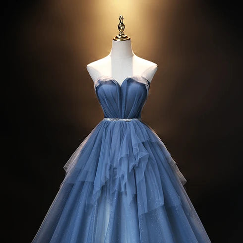 Dusty Blue Strapless Sweetheart Glitter Tulle Prom Dress Corset Back