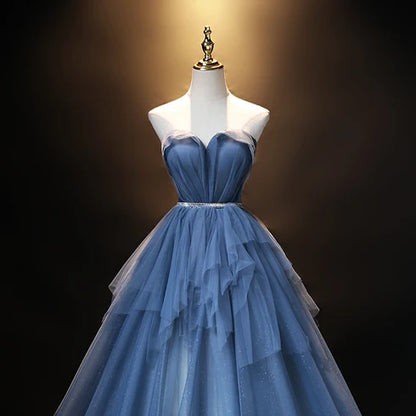 Dusty Blue Strapless Sweetheart Glitter Tulle Prom Dress Corset Back