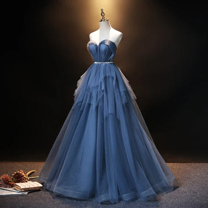 Dusty Blue Strapless Sweetheart Glitter Tulle Prom Dress Corset Back