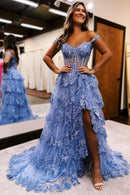 AABEI DRESS A LineTulle Off the Shoulder Sweetheart Tiered Ruffles Prom Dresses With Split Sleeveless Corset Ball Gowns Long Evening Dress