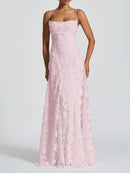 Blush Pink A-Line Spaghetti Strap 3D Floral Lace Criss-Cross Back Prom Dress.