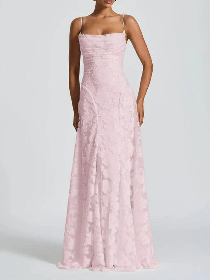 Blush Pink A-Line Spaghetti Strap 3D Floral Lace Criss-Cross Back Prom Dress.