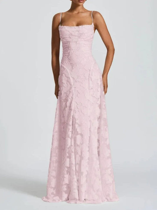 Blush Pink A-Line Spaghetti Strap 3D Floral Lace Criss-Cross Back Prom Dress.
