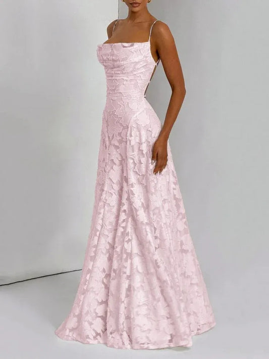 Blush Pink A-Line Spaghetti Strap 3D Floral Lace Criss-Cross Back Prom Dress.