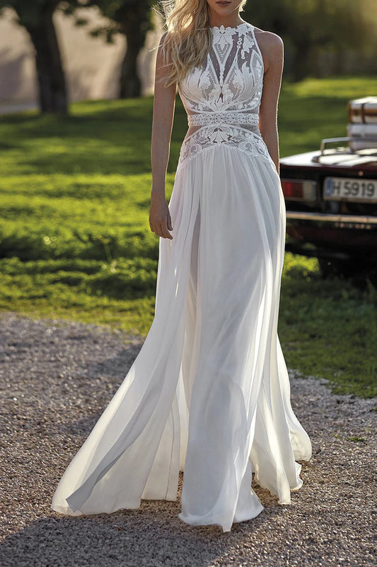 Bohemian A-Line High-Neck Sleeveless Open-Back Train-Length Wedding Dress