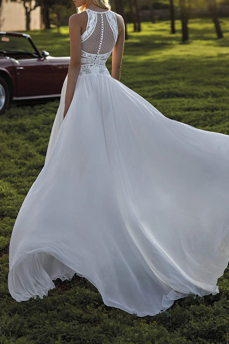 Bohemian A-Line High-Neck Sleeveless Open-Back Train-Length Wedding Dress