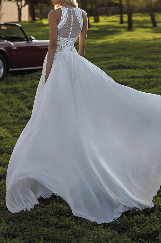 Bohemian A-Line High-Neck Sleeveless Open-Back Train-Length Wedding Dress