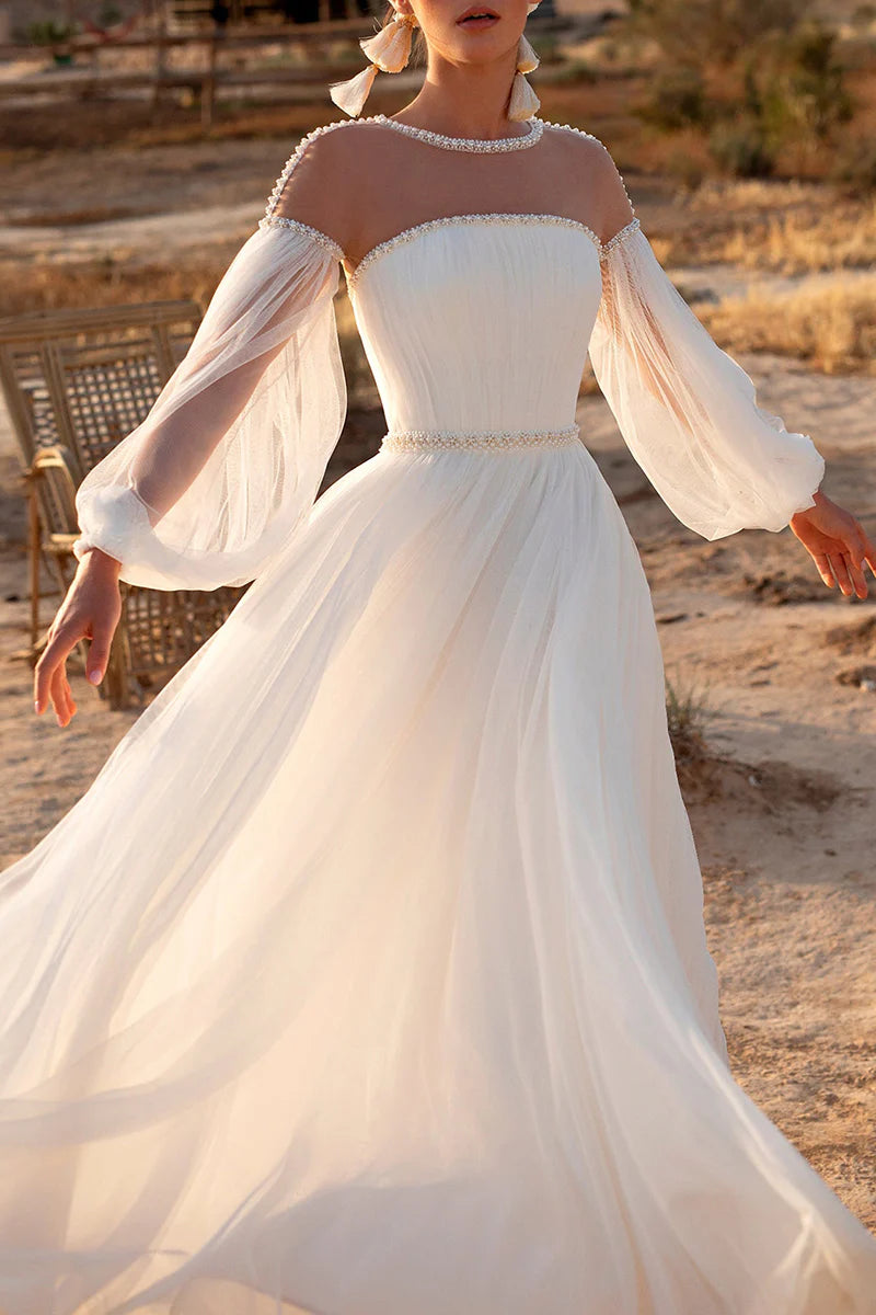 Bohemian A-Line Illusion-Neck Puff-Sleeve Keyhole-Back Train-Length Wedding Dress
