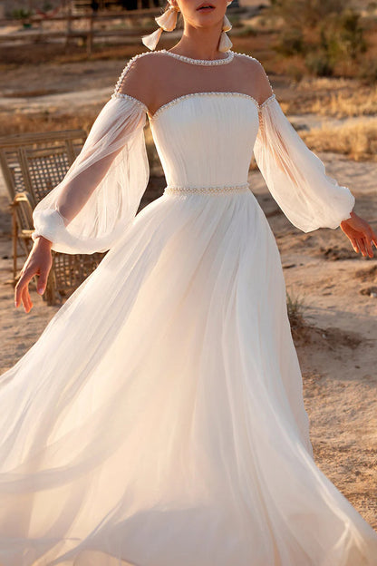 Bohemian A-Line Illusion-Neck Puff-Sleeve Keyhole-Back Train-Length Wedding Dress