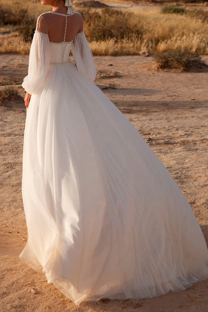 Bohemian A-Line Illusion-Neck Puff-Sleeve Keyhole-Back Train-Length Wedding Dress