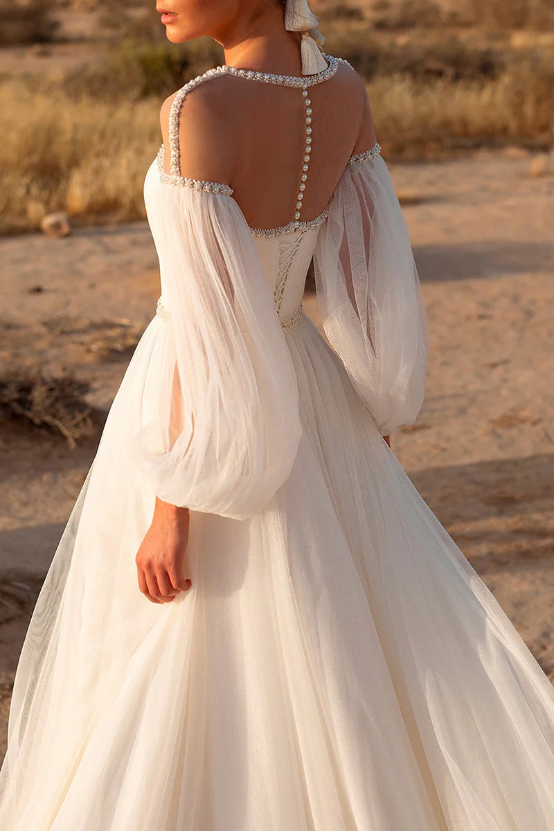 Bohemian A-Line Illusion-Neck Puff-Sleeve Keyhole-Back Train-Length Wedding Dress