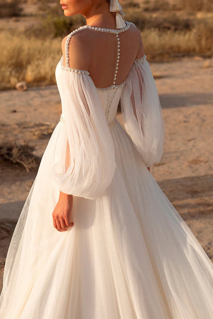Bohemian A-Line Illusion-Neck Puff-Sleeve Keyhole-Back Train-Length Wedding Dress