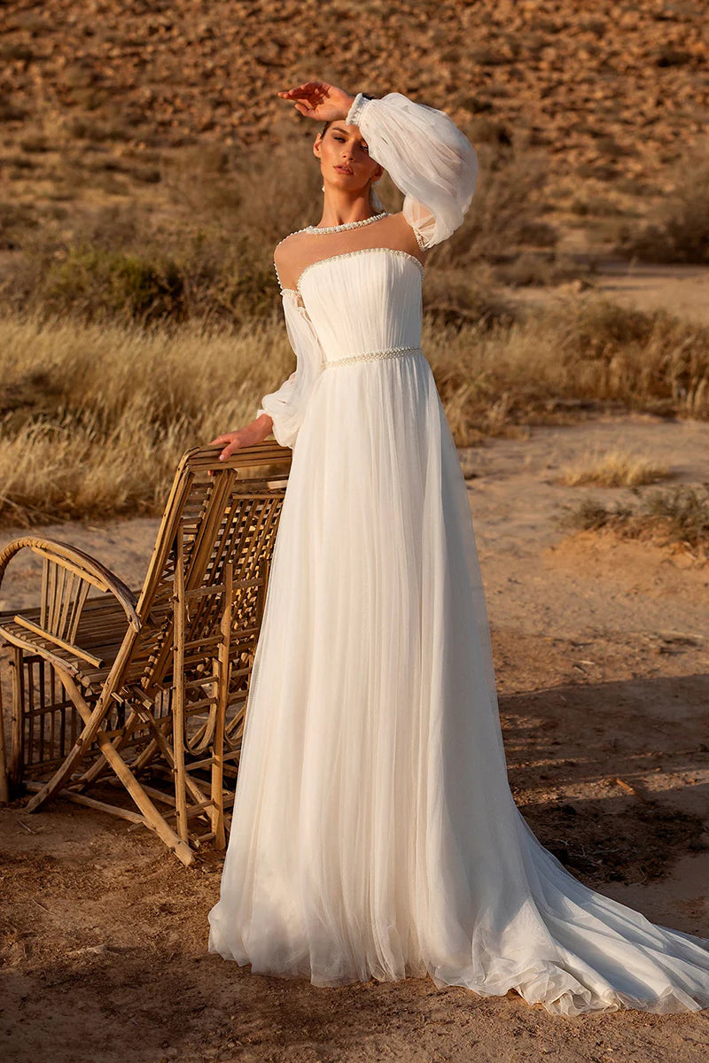 Bohemian A-Line Illusion-Neck Puff-Sleeve Keyhole-Back Train-Length Wedding Dress