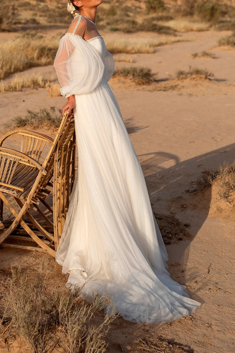 Bohemian A-Line Illusion-Neck Puff-Sleeve Keyhole-Back Train-Length Wedding Dress