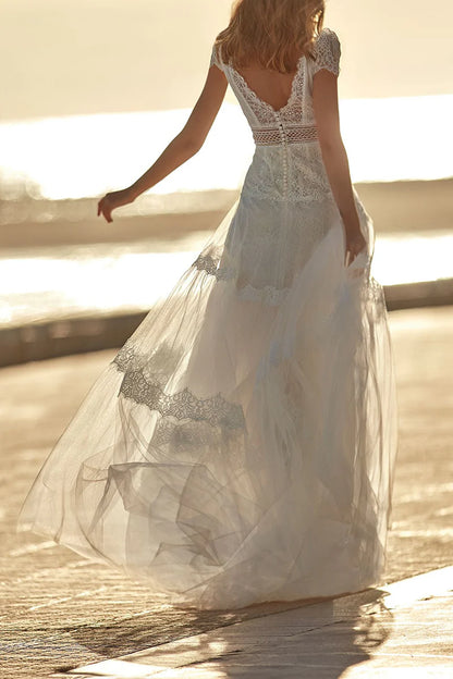 Bohemian A-Line Plunge-V-Neck Cap-Sleeve Open-Back Train-Length Wedding Dress