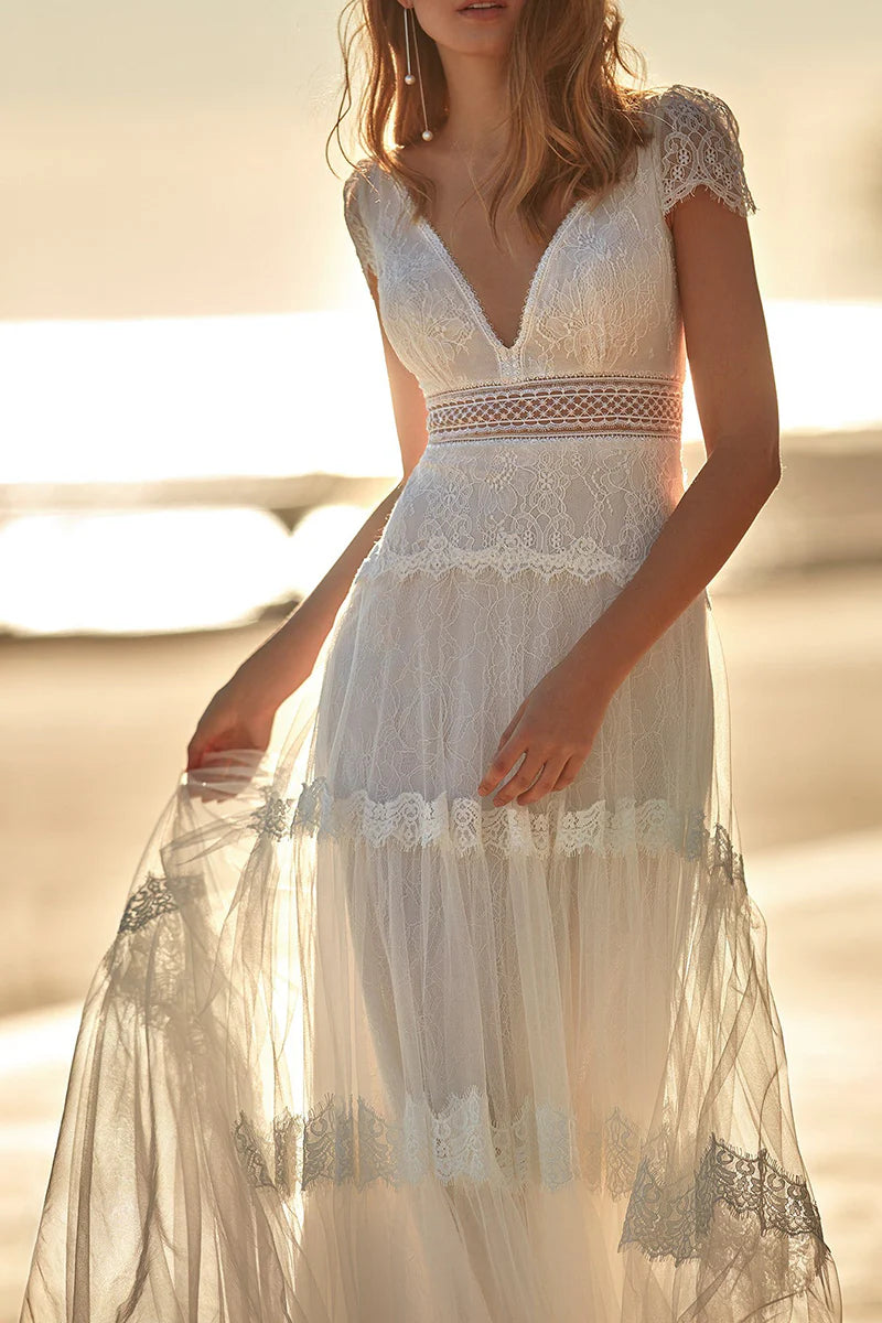 Bohemian A-Line Plunge-V-Neck Cap-Sleeve Open-Back Train-Length Wedding Dress