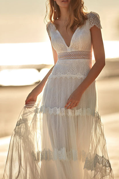 Bohemian A-Line Plunge-V-Neck Cap-Sleeve Open-Back Train-Length Wedding Dress