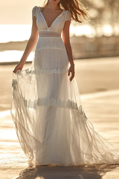 Bohemian A-Line Plunge-V-Neck Cap-Sleeve Open-Back Train-Length Wedding Dress