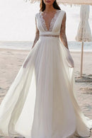 Bohemian A-Line Plunge V Neck Long Sleeve Button Back Train Length Wedding Dress