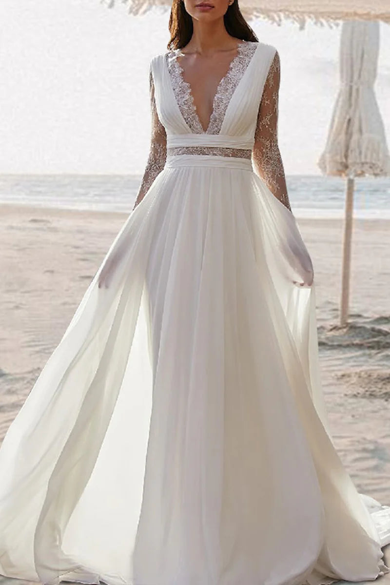 Bohemian A-Line Plunge V Neck Long Sleeve Button Back Train Length Wedding Dress