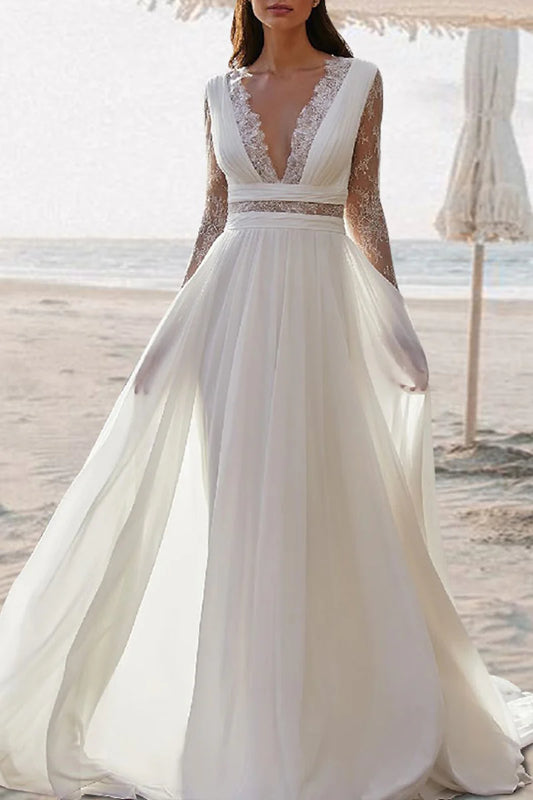 Bohemian A-Line Plunge V Neck Long Sleeve Button Back Train Length Wedding Dress