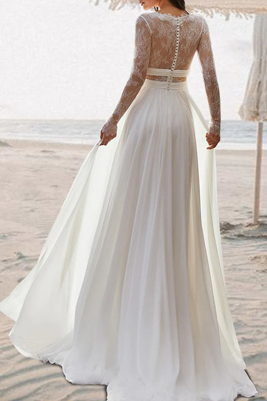 Bohemian A-Line Plunge V Neck Long Sleeve Button Back Train Length Wedding Dress