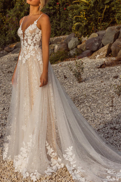 Bohemian A-Line Plunge-V-Neck Spaghetti-Strap Open-Back Train-Length Wedding Dress