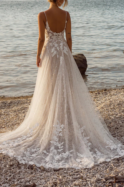 Bohemian A-Line Plunge-V-Neck Spaghetti-Strap Open-Back Train-Length Wedding Dress