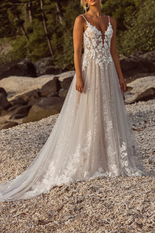 Bohemian A-Line Plunge-V-Neck Spaghetti-Strap Open-Back Train-Length Wedding Dress