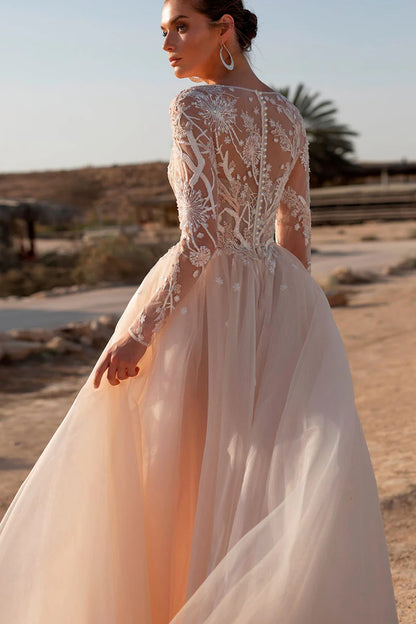 Bohemian A-Line Round-Neck Long-Sleeve Open-Back Train-Length Wedding Dress