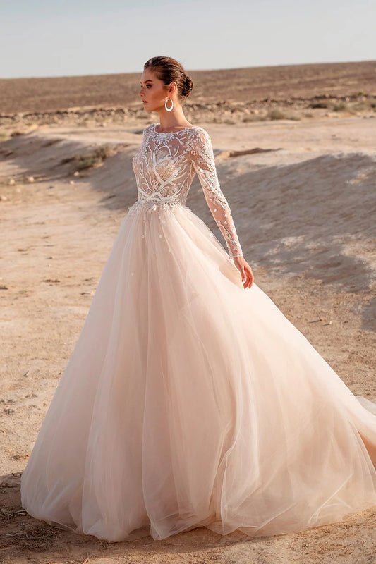 Bohemian A-Line Round-Neck Long-Sleeve Open-Back Train-Length Wedding Dress