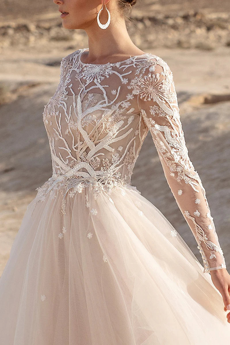 Bohemian A-Line Round-Neck Long-Sleeve Open-Back Train-Length Wedding Dress