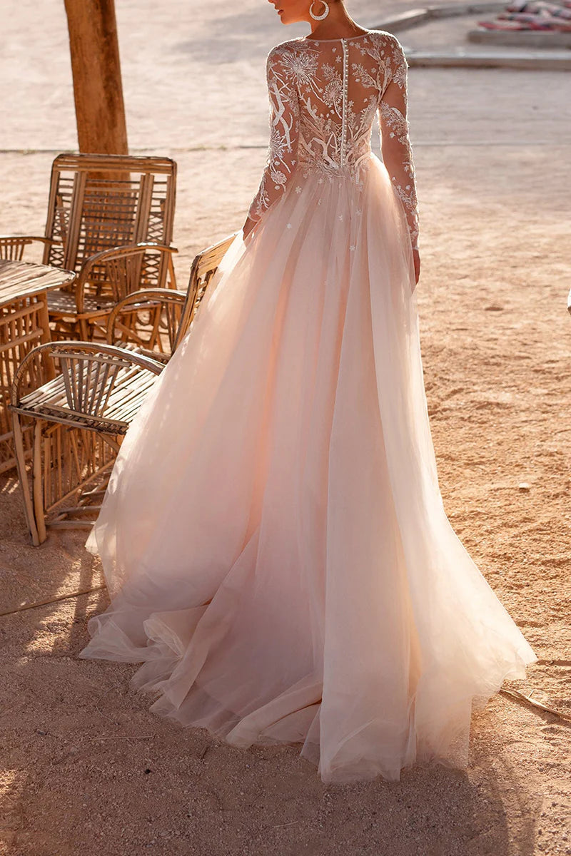 Bohemian A-Line Round-Neck Long-Sleeve Open-Back Train-Length Wedding Dress