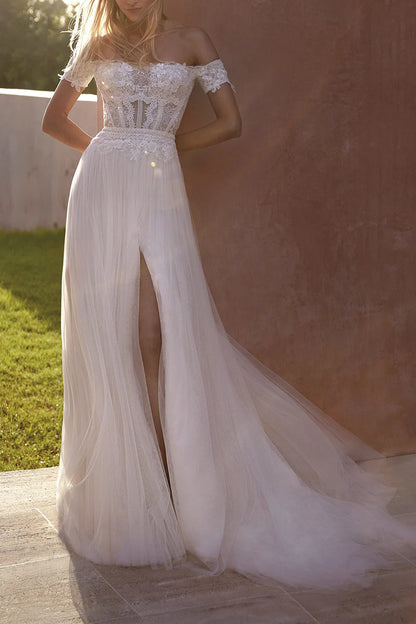 Bohemian A-Line Sweetheart Off-Shoulder Corset-Back Train-Length Wedding Dress