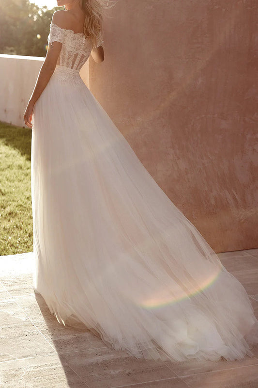 Bohemian A-Line Sweetheart Off-Shoulder Corset-Back Train-Length Wedding Dress