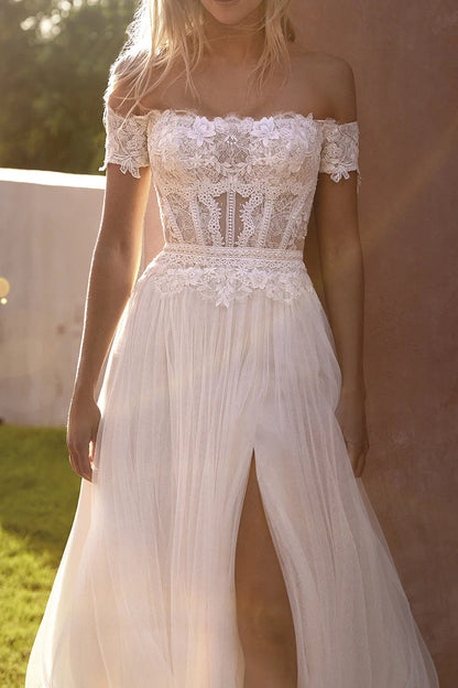Bohemian A-Line Sweetheart Off-Shoulder Corset-Back Train-Length Wedding Dress
