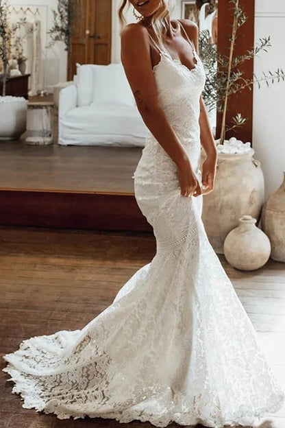 Bohemian Mermaid Sweetheart Spaghetti Strap Open Back Train Length Wedding Dress