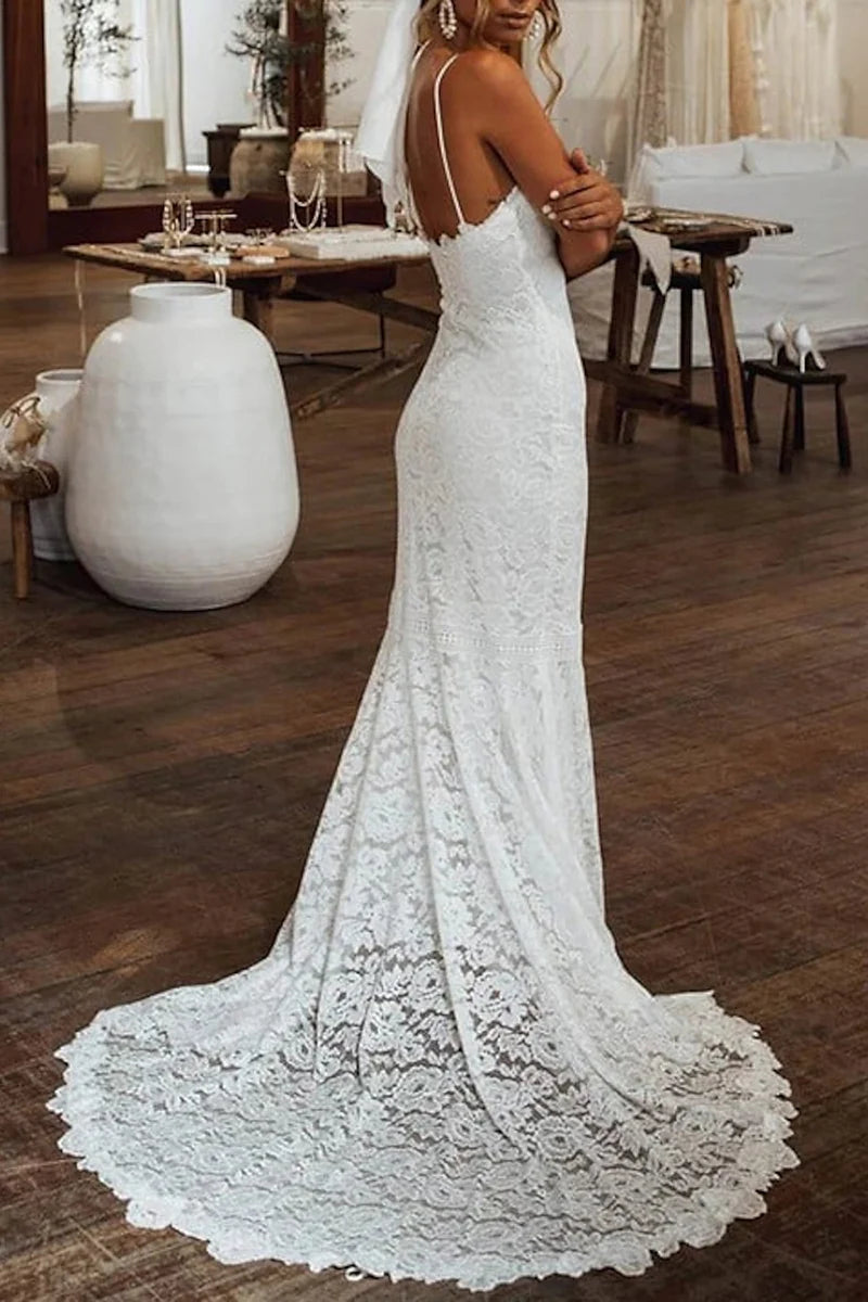 Bohemian Mermaid Sweetheart Spaghetti Strap Open Back Train Length Wedding Dress