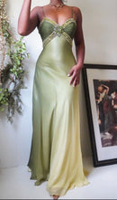 Boho‑Chic Mermaid Spaghetti‑Strap Gradient‑Green Beaded Floor‑Length Prom Dress